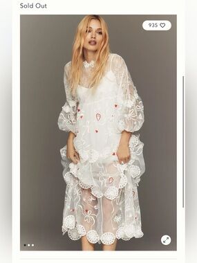 Maeve Sheer 3D Floral Long-Sleeve V-Neck Embroidered Hearts Dove Maxi Dress XL